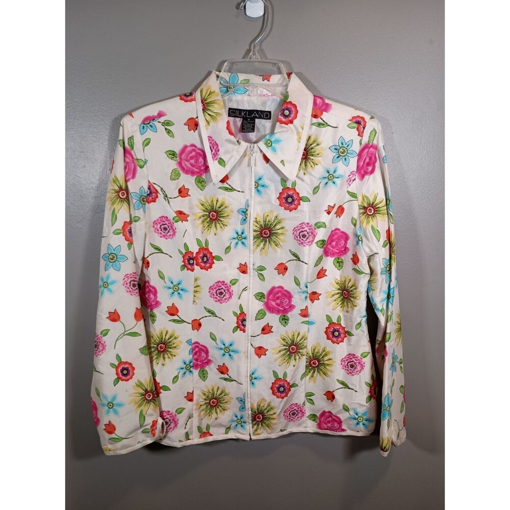 SILKLAND Blazer White Beaded Floral Print Zip Silk Womens Size Medium Vintage